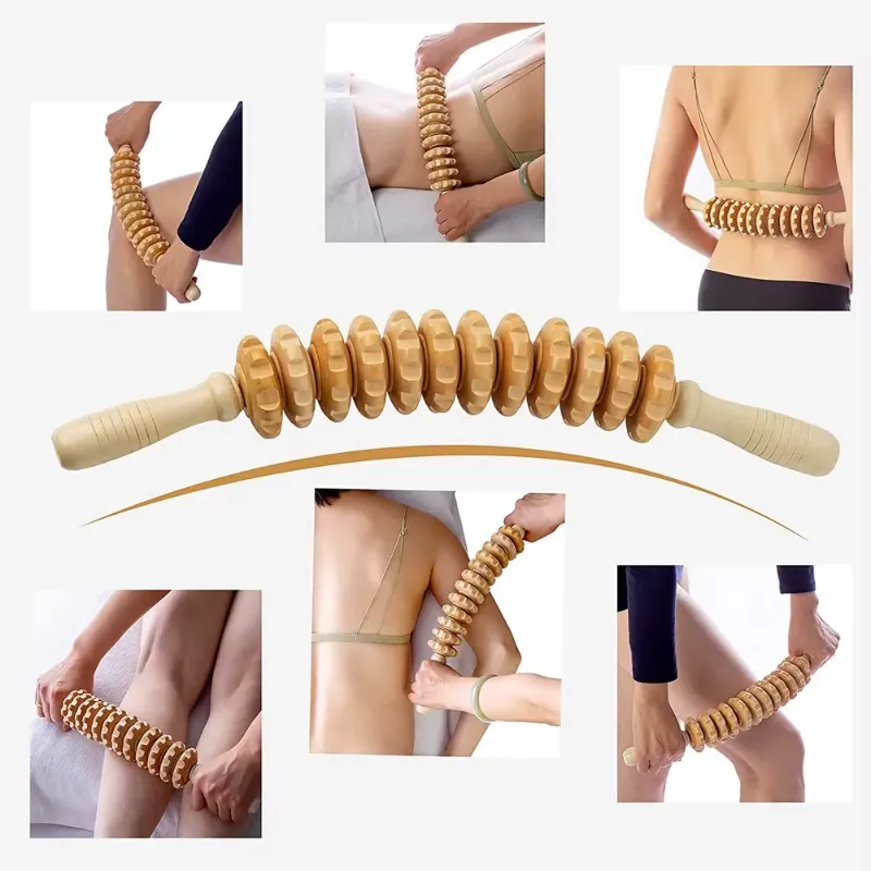 Versatile use of the wooden body fascia massager on various body parts including arms, waist, thighs, and calves.