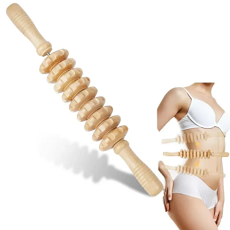 Wooden fascia massage roller being used on the abdomen for full-body relaxation.