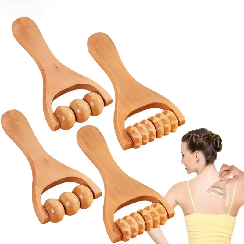 Set of four wooden trigger point massagers with varying designs, ideal for targeted muscle relief and full-body care.