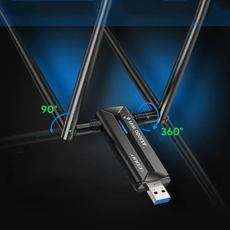 EDUP WiFi 6E USB adapter with 3000Mbps speed, USB 3.0 connector, and external antenna for high-speed internet