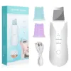 Woman using ultrasonic skin cleansing tool on cheeks for blackhead removal
