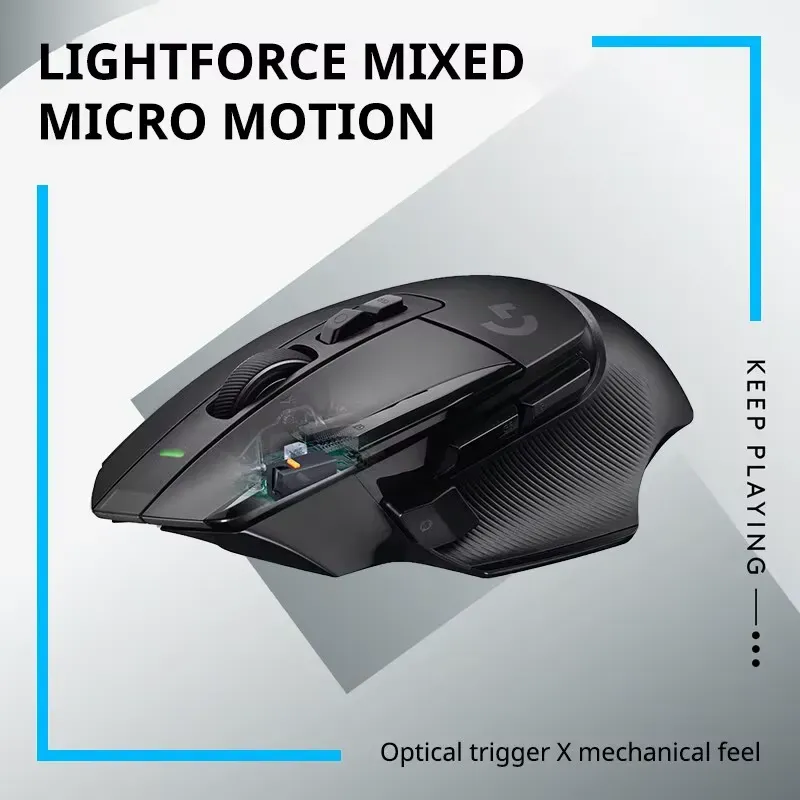 Close-up of the Logitech G502 X highlighting buttons and RGB backlighting.