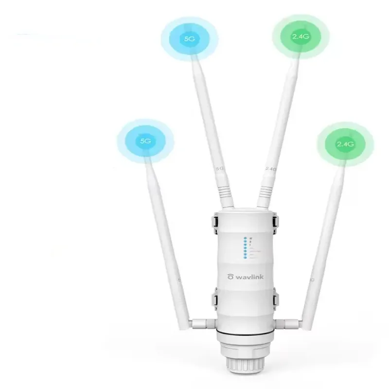 A detailed view of the Wavlink Outdoor WiFi Extender, showcasing its dual-band (2.4G and 5G) antennas and compact design.