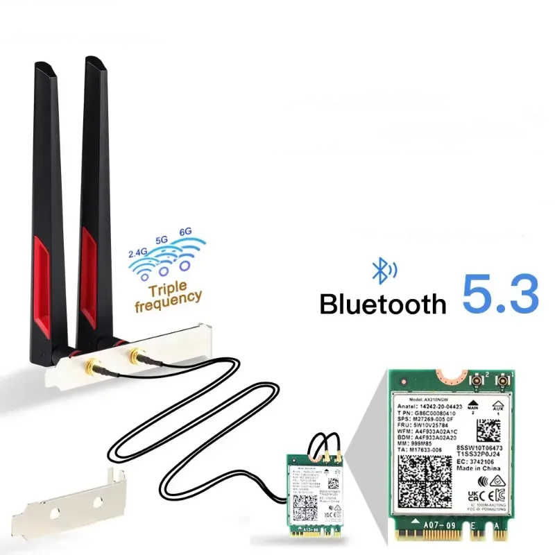 WiFi 6E AX210 Wireless Card-High-gain 10dBi antennas paired with AX210NGW WiFi 6E module for extended range and signal strength
