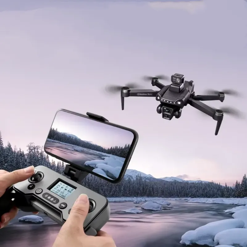 Xiaomi V198GPS Drone capturing stunning aerial footage of a snowy landscape, displayed live on a smartphone screen.