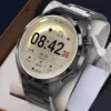 HUAWEI GT5 PRO smartwatch displayed on a stand, showing a clear and bright AMOLED screen with detailed information.