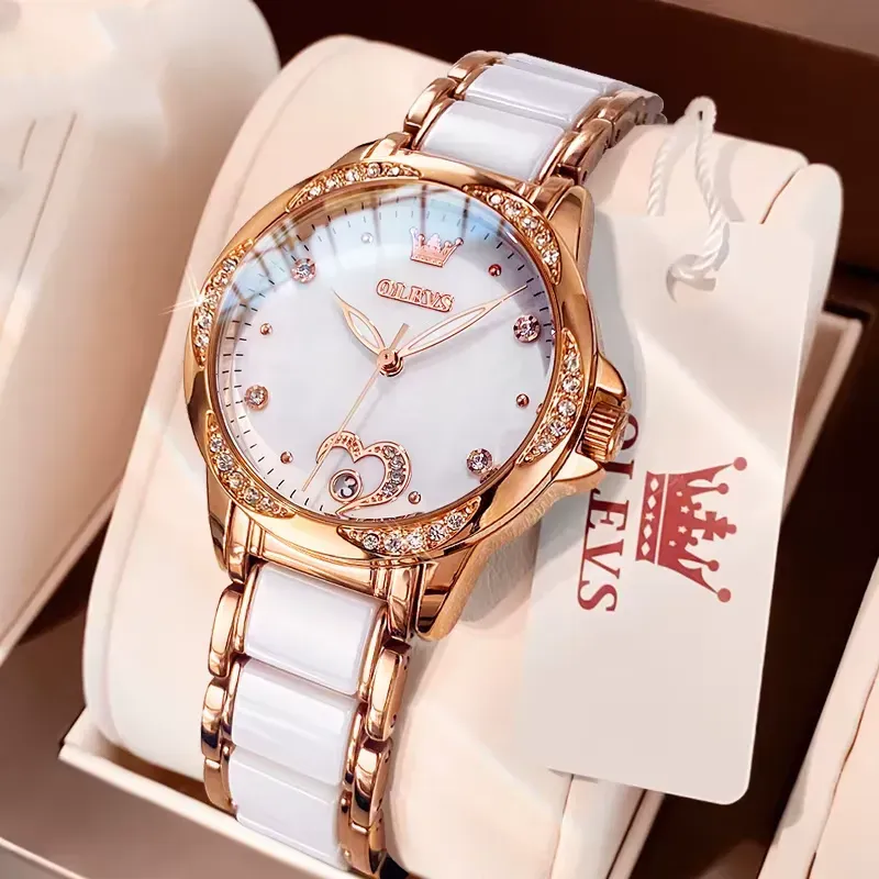 OLEVS 6631 automatic watch for women with heart dial and diamond bezel