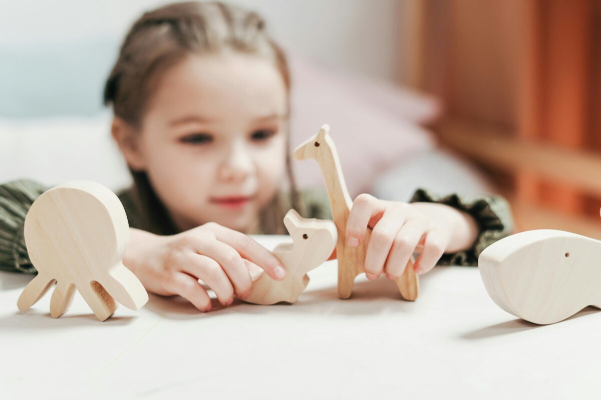 kid is playing with wooden stuff