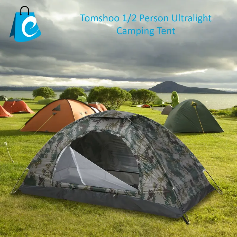 Tomshoo ultralight camping tent set up in forest with gear inside