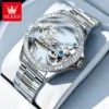 Stainless Steel OLEVS Watch for Women – Diamond Inlay & Automatic Movement