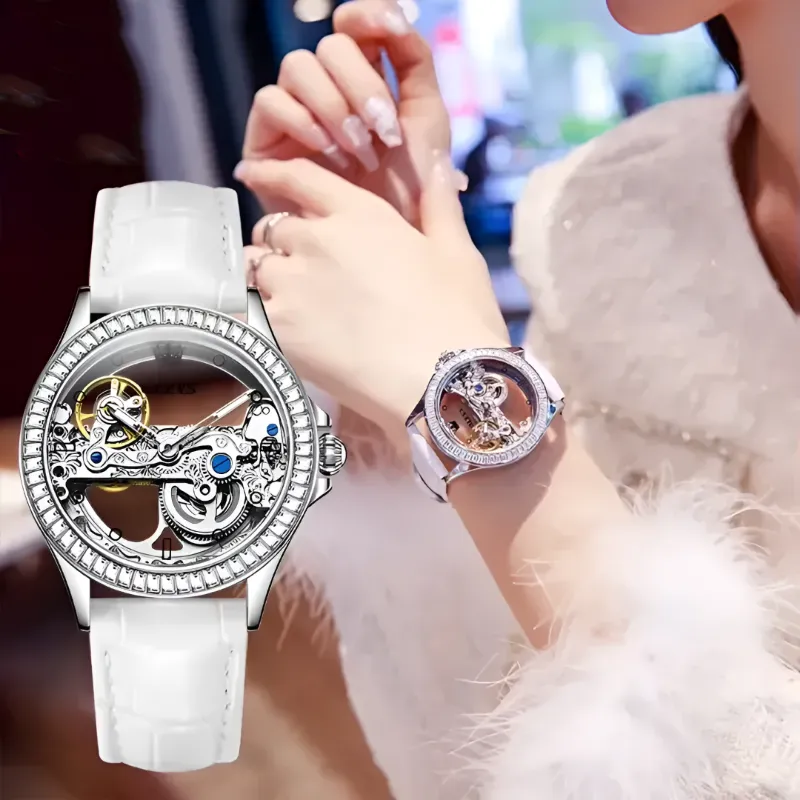 OLEVS Fully Hollow Automatic Watch for women with skeleton dial and diamond accents