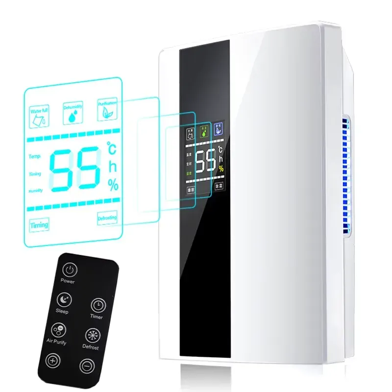 2-in-1 dehumidifier air purifier control panel with timer, temperature, and air purity settings