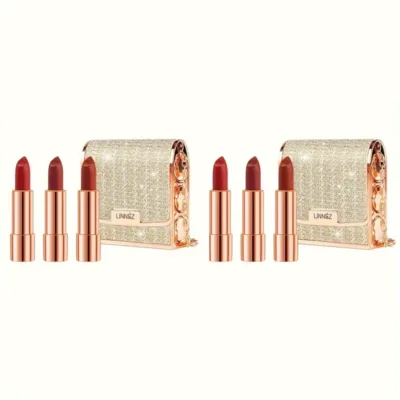 3 Colors Matte Lipstick Set Lip Stick with Sliver Chain Bag Package Non-Stick Cup Long Retractable Red Lipstick Set 3.5gx3