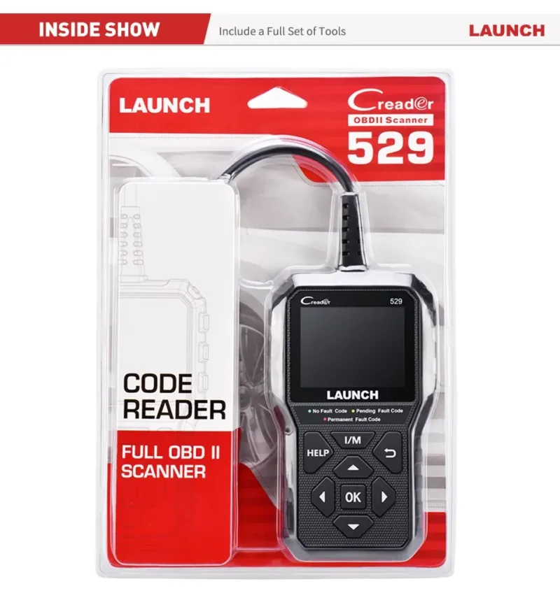 Full kit view of LAUNCH CR529 OBD2 Scanner with cables