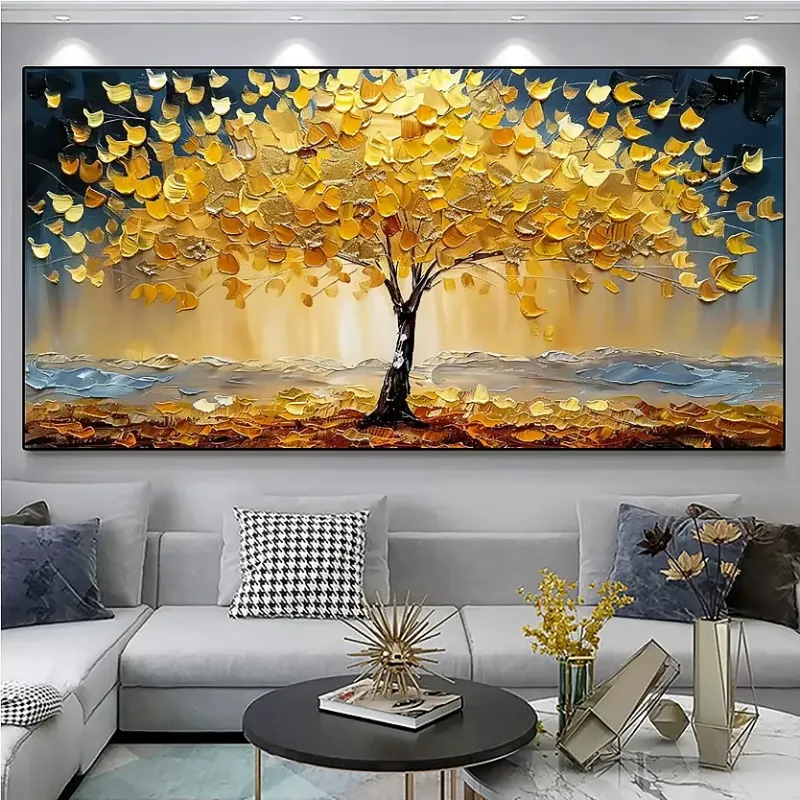 Golden Tree of Life painting with diamonds, tree of luck, decorative stones, home decoration