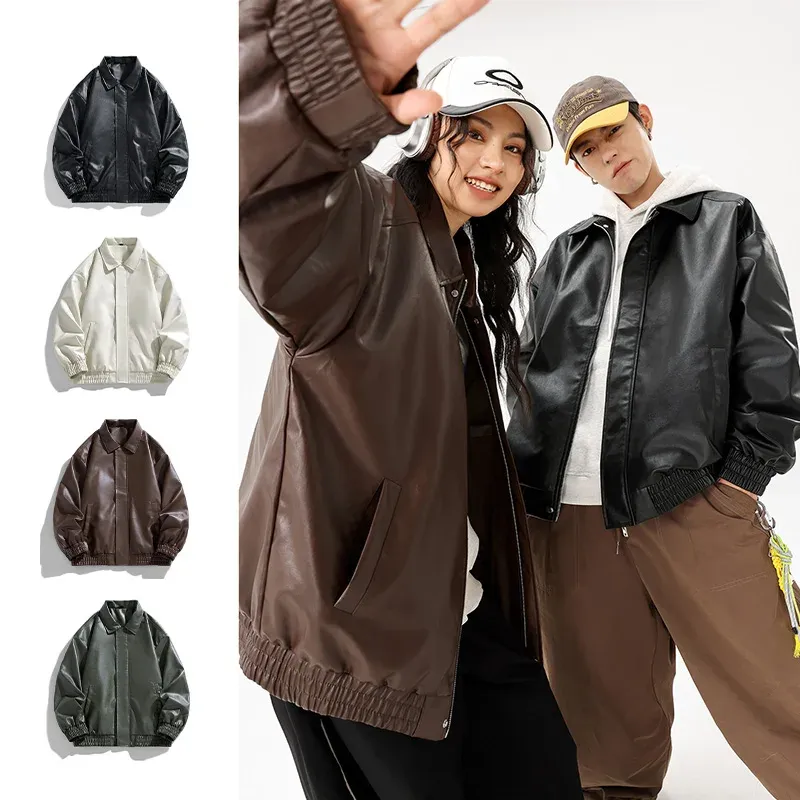 Two models wearing men's windproof leather jackets in different styles and colors.