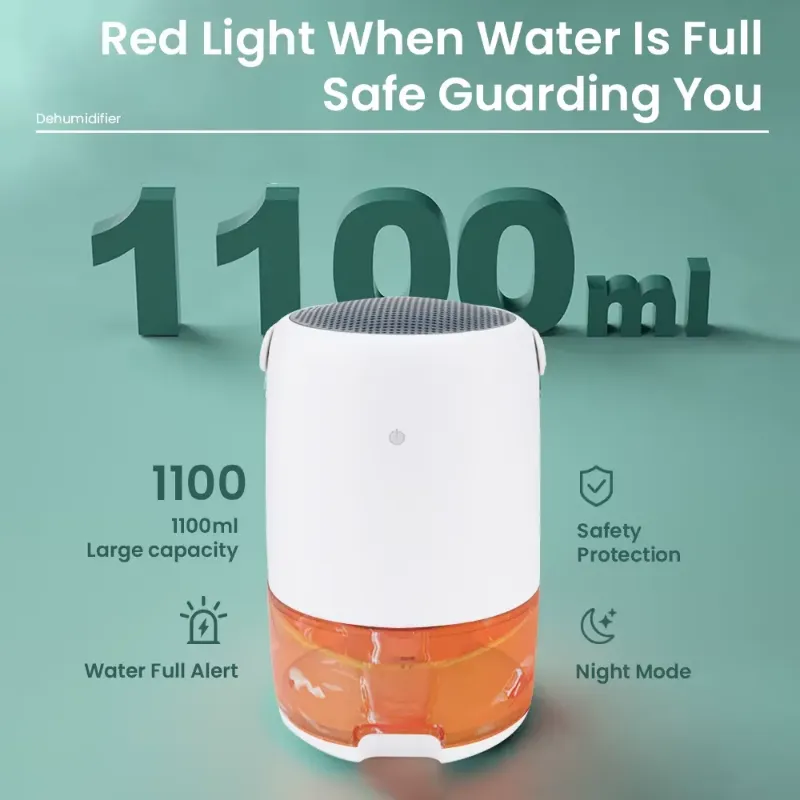 1100ml portable dehumidifier for bedroom air with red light full-water alert for safety