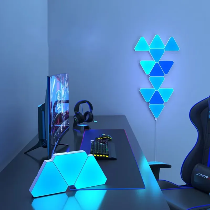 LED Triangular Quantum Lamp in Bedroom Setup