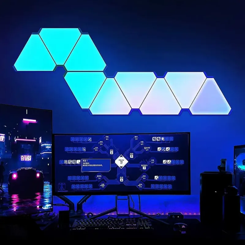 LED Triangular Quantum Lamp Mounted on Living Room Wall