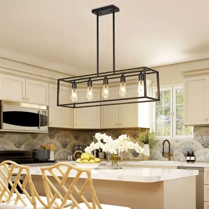 5-Bulb Ceiling Lamp Illuminating a Kitchen Island