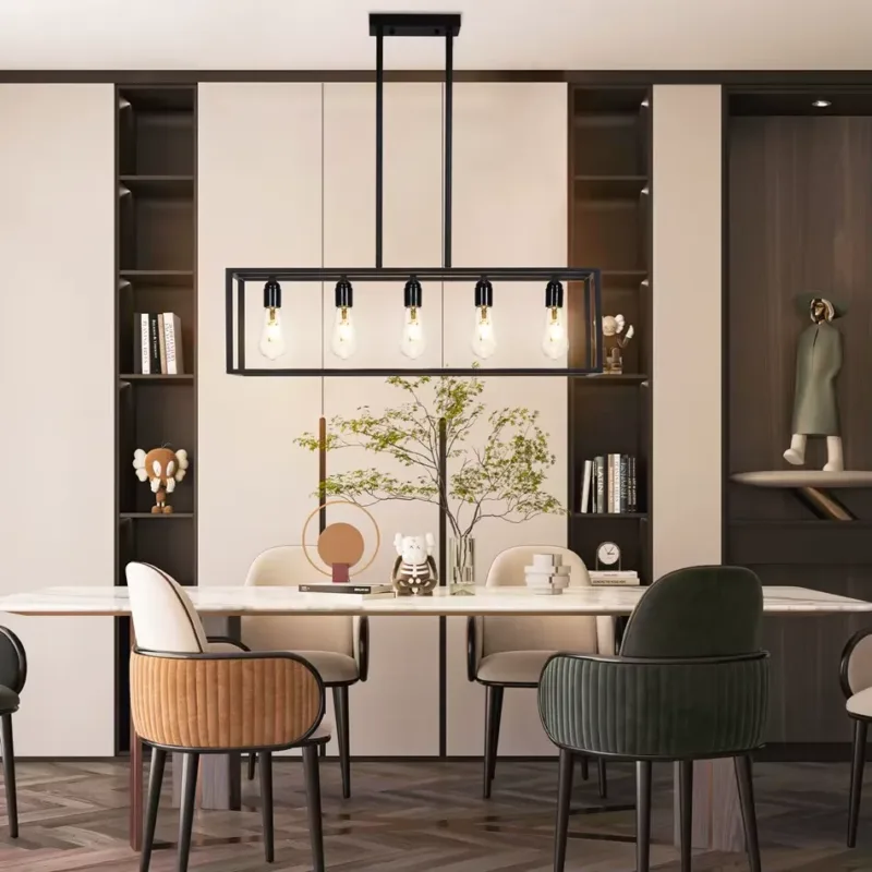 Warm Glow of 5-Bulb Ceiling Lamp in Dining Area