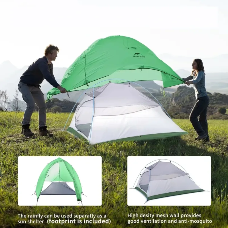 Naturehike 2-Person Camping Tent – Two people setting up the tent