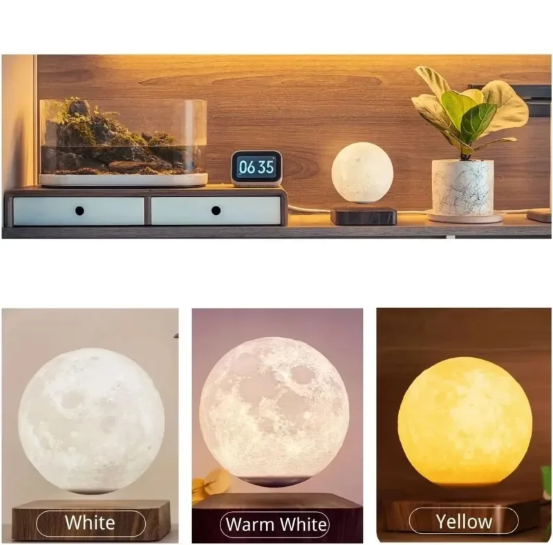 Levitating Moon Lamp in Living Room Setup in 3 Different color.