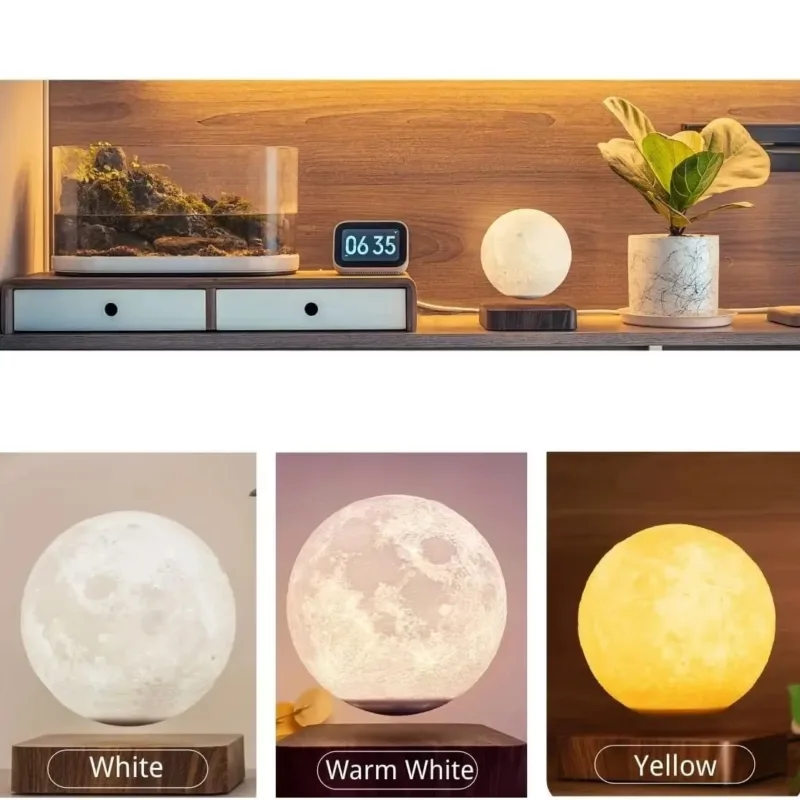Levitating Moon Lamp in Living Room Setup in 3 Different color.