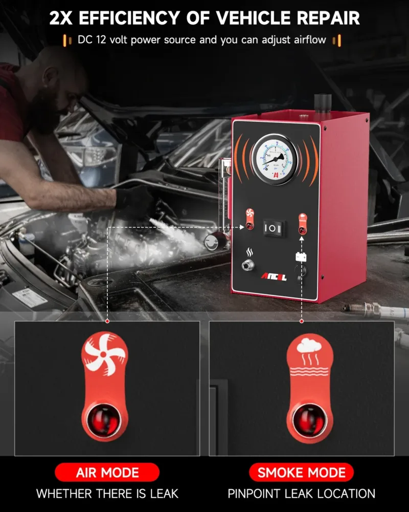 Automotive technician using smoke leak detector