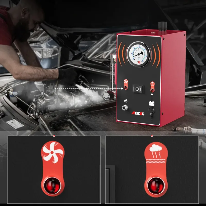 Automotive technician using smoke leak detector