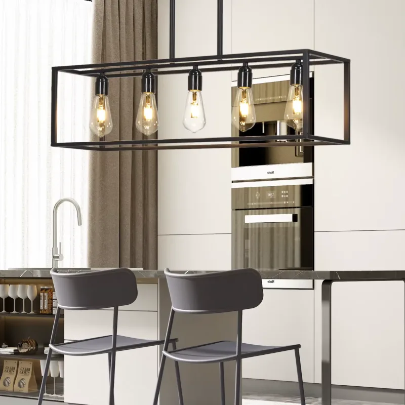 Warm Glow of 5-Bulb Ceiling Lamp in Dining Area
