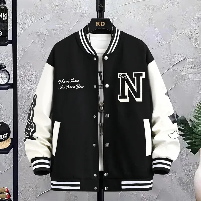 Classic black men's baseball jacket with a loose fit, showcasing bold 'N' lettering and white accents.