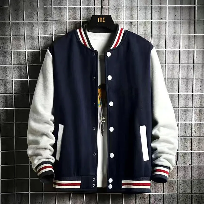 Stylish navy blue men's bomber jacket fleece with white sleeves and bold striped cuffs.