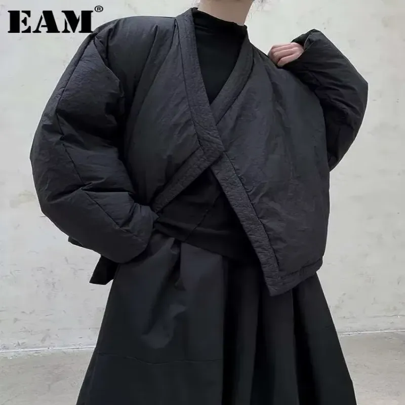 EAM Short Down Jacket - Black Big Size Puffer Coat with Batwing Sleeves for Women