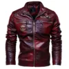 Green leather jacket for men with stand collar and fleece lining