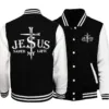 Front and back views of black and white baseball jacket with 'Jesus Saved My Life' message.