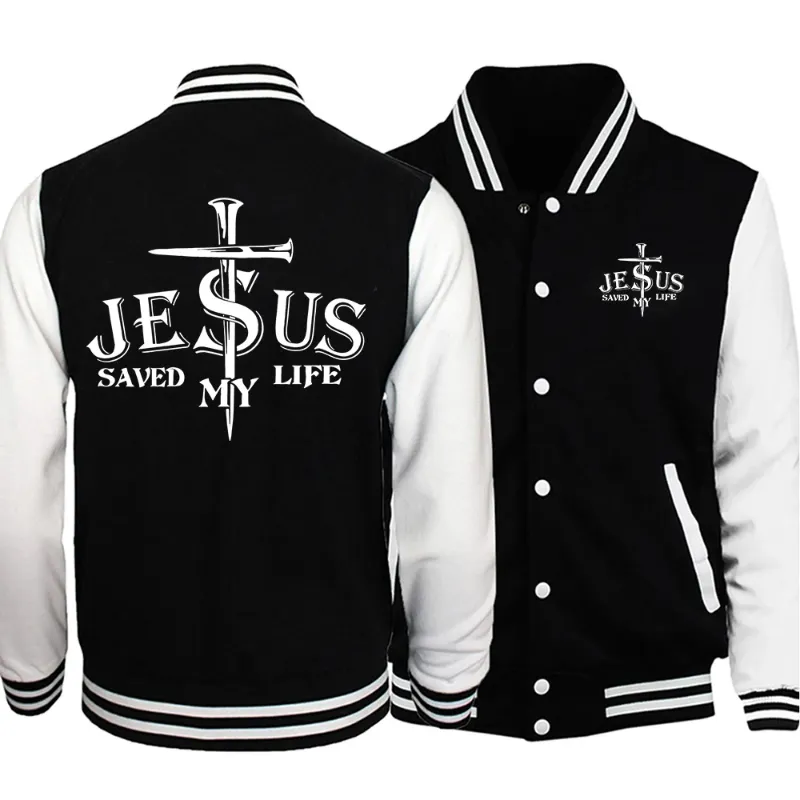 Front and back views of black and white baseball jacket with 'Jesus Saved My Life' message.