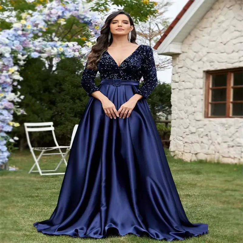 Luxury satin formal evening dress with long sleeves and sequin detailing