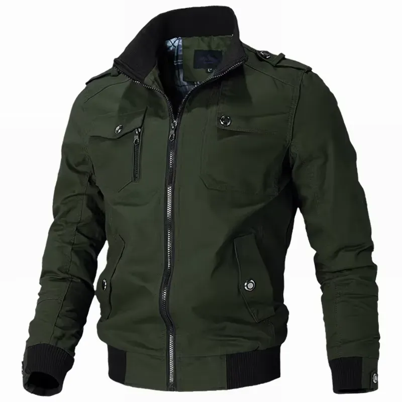 Front view of men's casual bomber jacket in army green