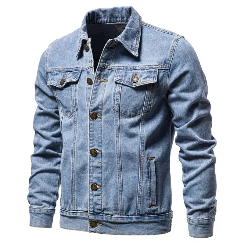 Light blue Men's Denim Jacket 2024 with classic button closures and flap pockets.