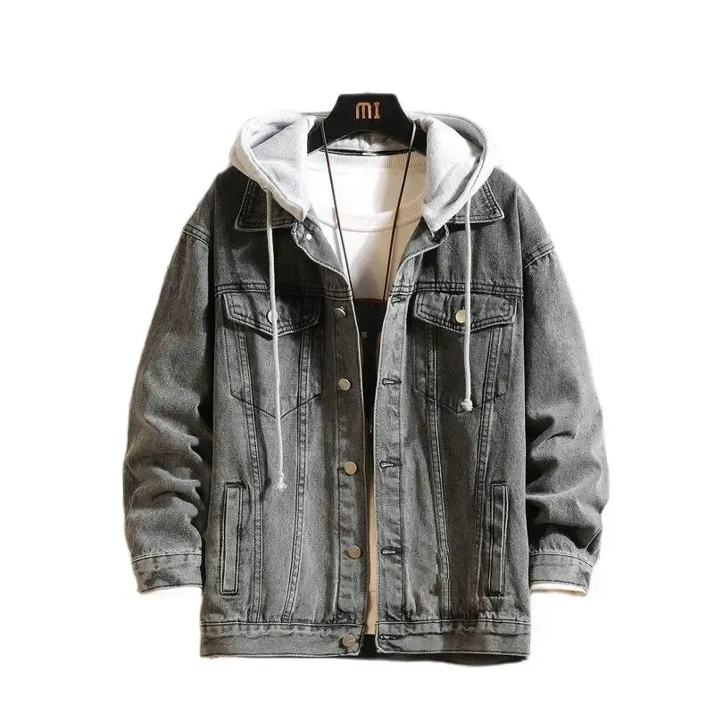 Gray mens hooded denim jacket with a white hood, styled over a graphic tee.