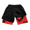Mens workout shorts in black and red, featuring side pockets and a bold eagle graphic design for active wear.