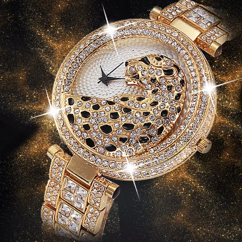 MISSFOX Women Quartz Watch – gold-tone bling watch with crystal diamonds and leopard strap