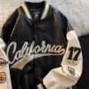 Edgy black PU leather varsity bomber jacket with gold 'California' and '17' accents.