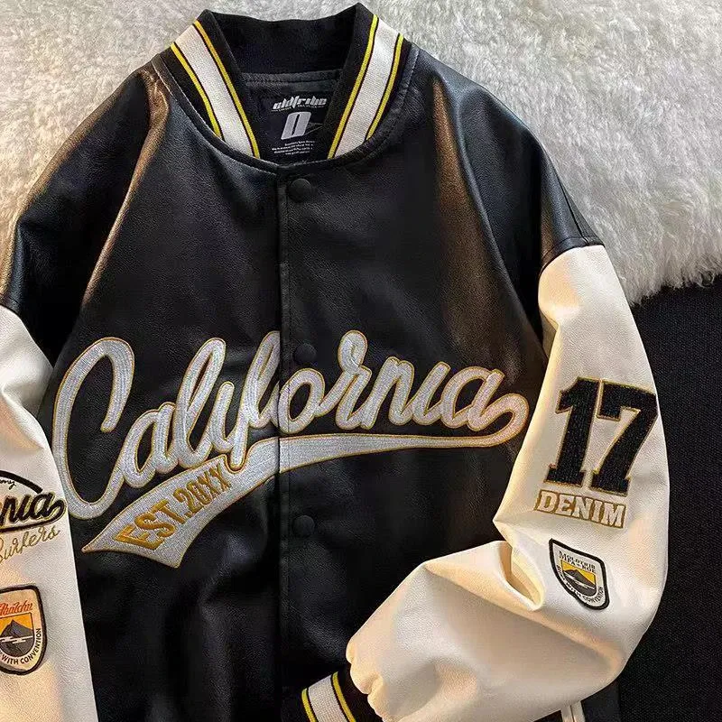 Edgy black PU leather varsity bomber jacket with gold 'California' and '17' accents.