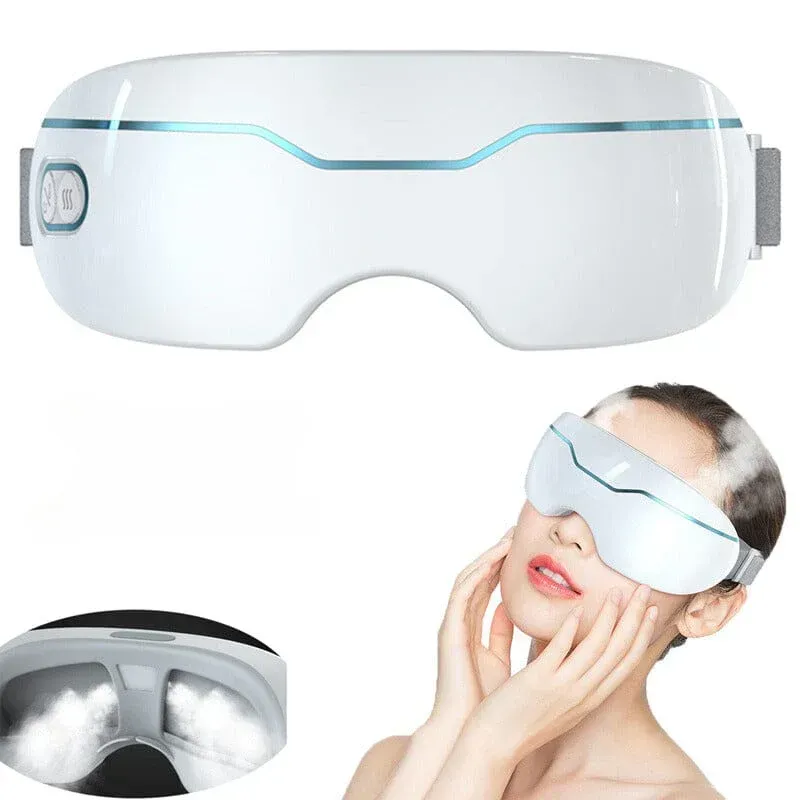 Woman using Smart Nano Eye Massager for fatigue relief at home
