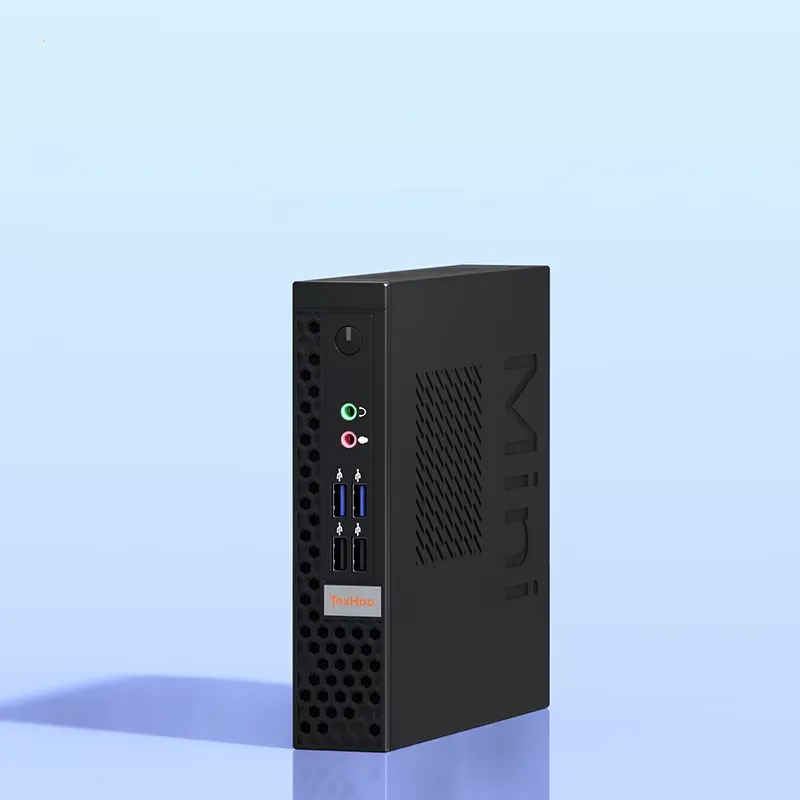 Size comparison showing TexHoo Mini PC next to laptop