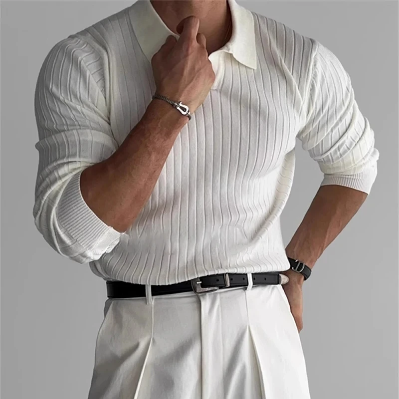 Men's Light Luxury Knitted Polo Shirt - Long Sleeve, Solid Color, Turn-Down Collar