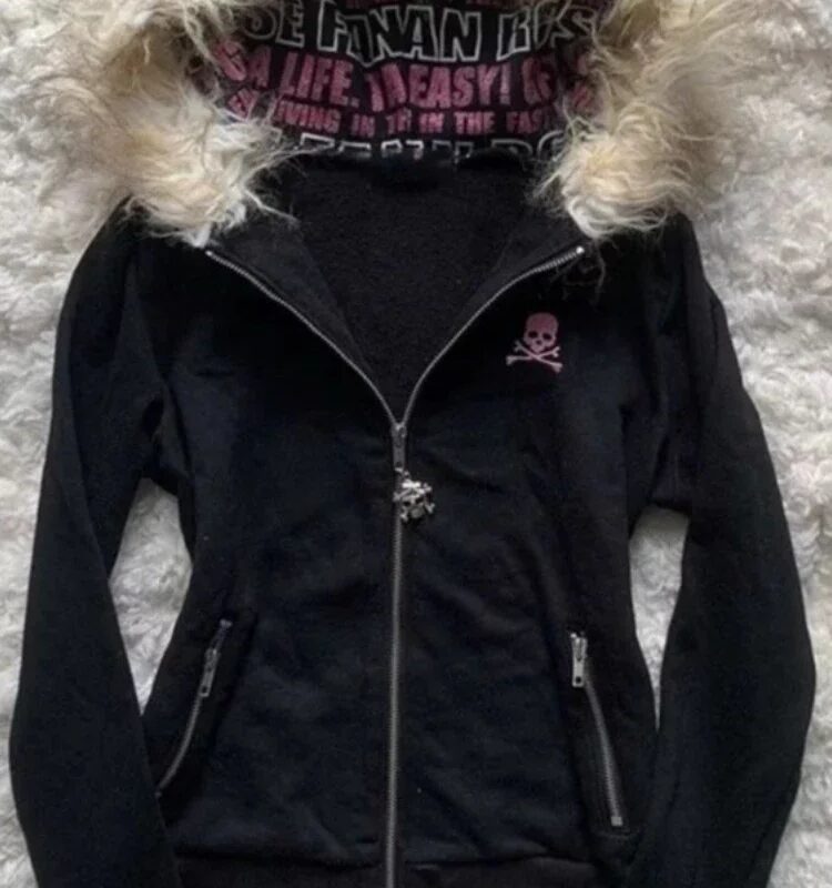 Black Goth Hoodie - Women's Letter Skull Embroidery Zipper Y2k Coat