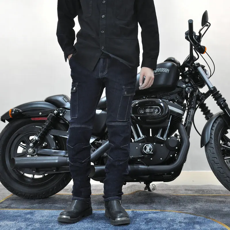 Motorcycle Four Seasons Riding Leisure Pants Built-in Gear Casual Elastic Large Pocket White Cable Retro Trend Cycling Jeans